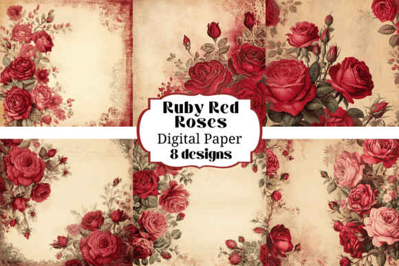 8 Ruby Red Roses Digital Paper Backgrounds for Crafting