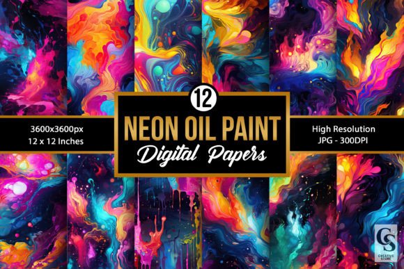 Neon Oil Paint Seamless Backgrounds: 12 Vibrant Digital Papers